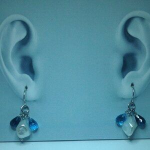 Silver 2 Tear Drop Blue Topaz Fresh Water Pearl Earring